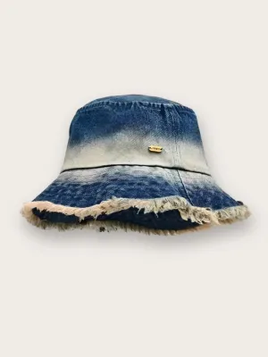 Women's Washed Denim Bucket Hat with Frayed Edges — view 1