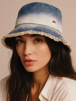 Women's Washed Denim Bucket Hat with Frayed Edges — view 4