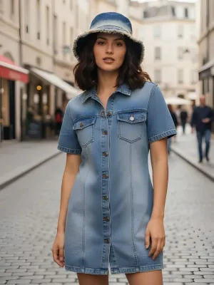 Women's Washed Denim Bucket Hat with Frayed Edges — view 5