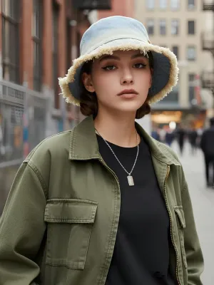 Women's Washed Denim Bucket Hat with Frayed Edges — view 6