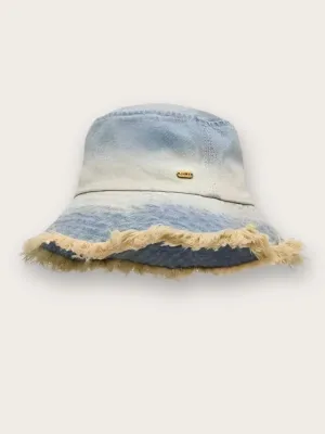 Women's Washed Denim Bucket Hat with Frayed Edges — view 7