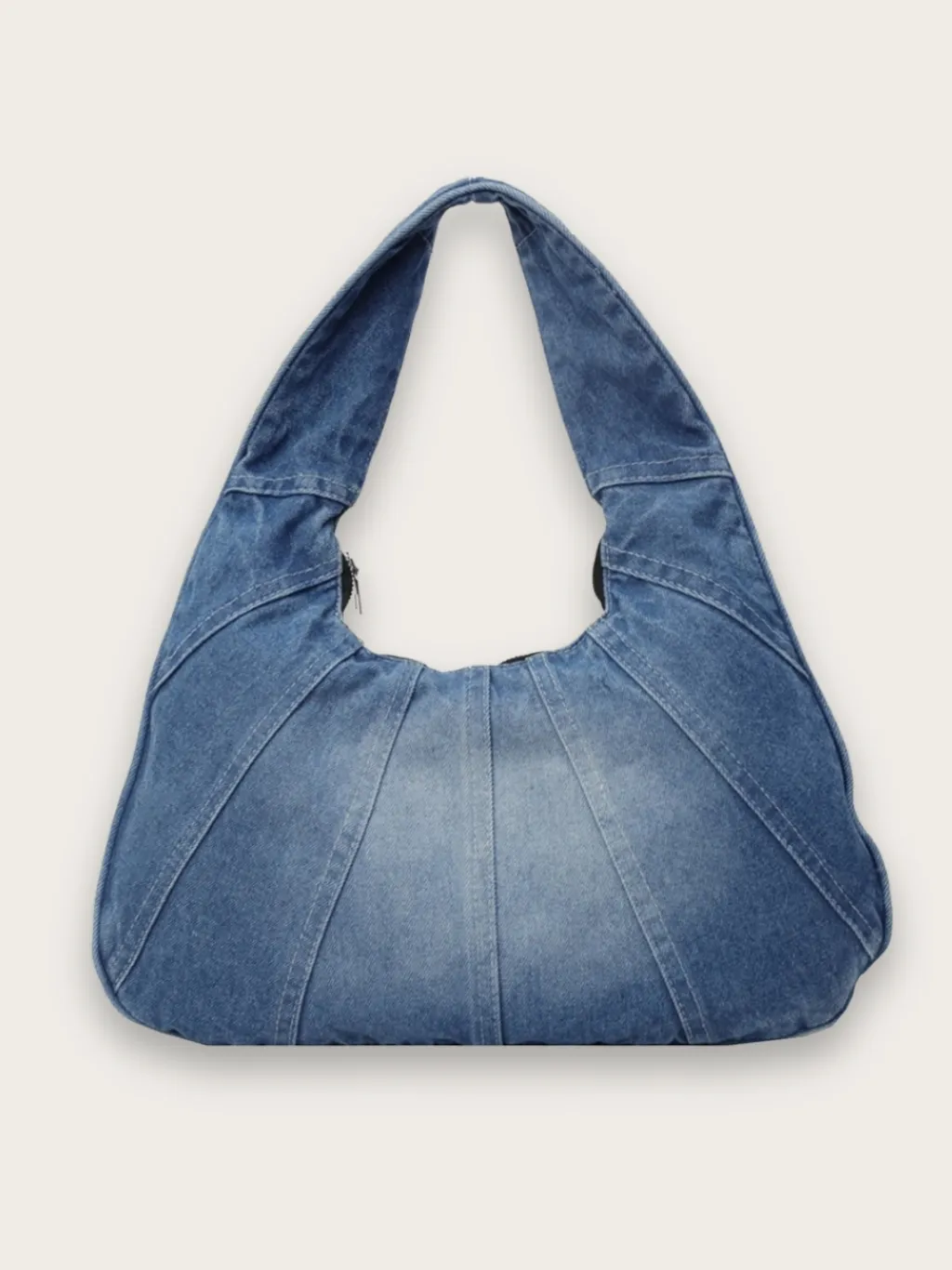 Women's Washed Denim Hobo Shoulder Bag with Exposed Seams