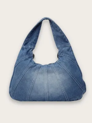 Women's Washed Denim Hobo Shoulder Bag with Exposed Seams — view 1