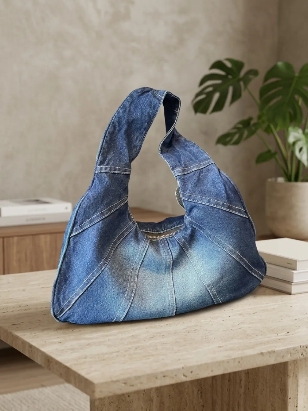 Women's Washed Denim Hobo Shoulder Bag with Exposed Seams — quality denim, made to last