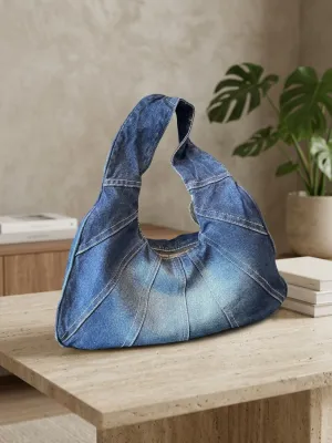 Women's Washed Denim Hobo Shoulder Bag with Exposed Seams — view 3