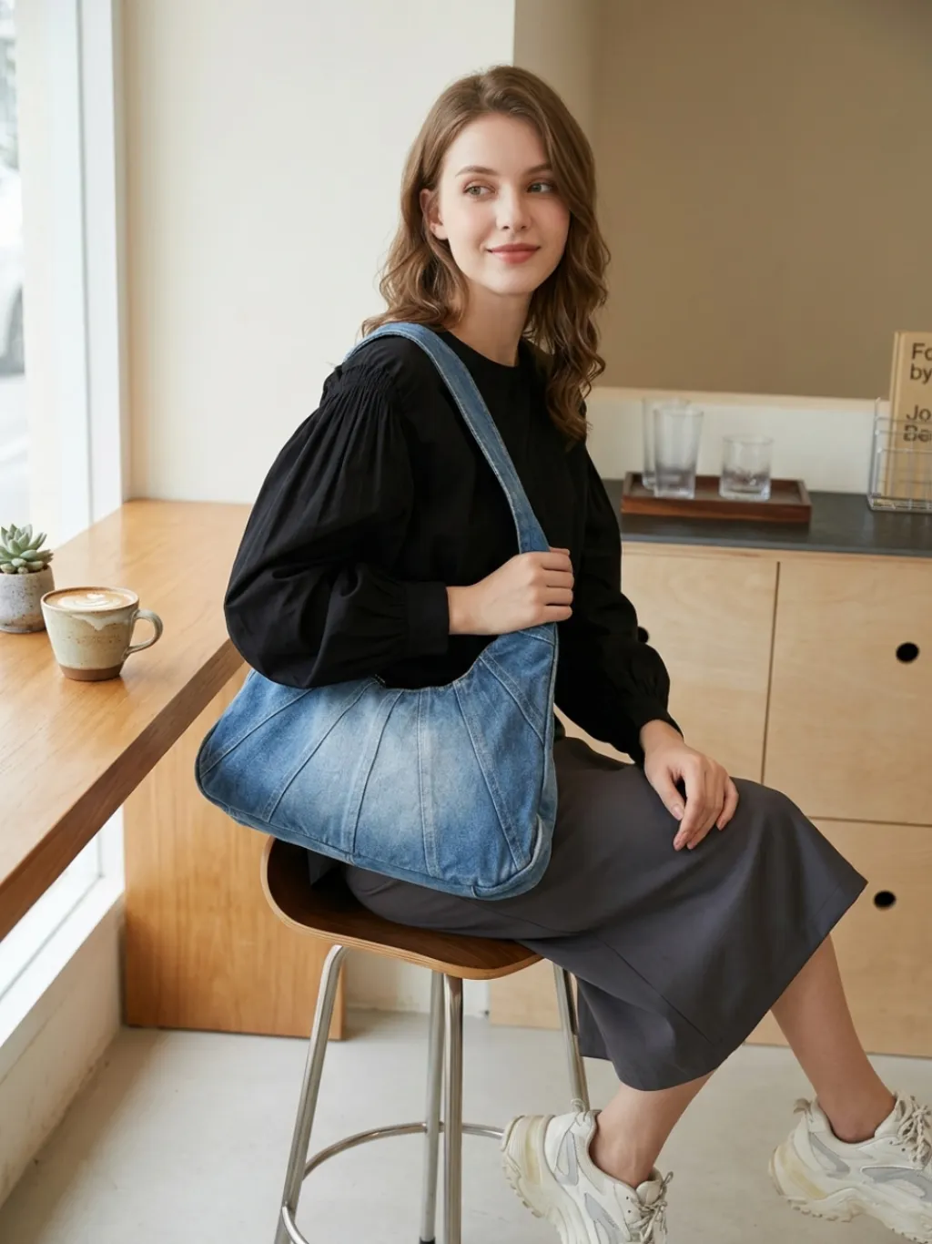 Women's Washed Denim Hobo Shoulder Bag with Exposed Seams — endless ways to style it