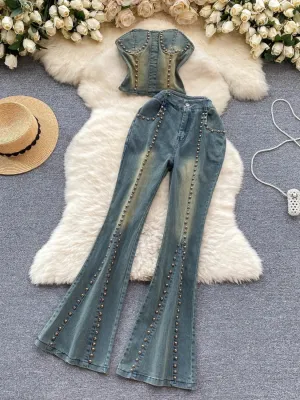Women's Washed Denim Set with Bustier & Flared Trousers — view 2