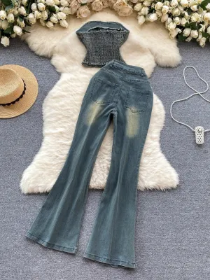 Women's Washed Denim Set with Bustier & Flared Trousers — view 3