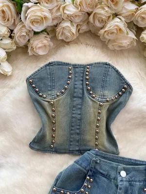 Women's Washed Denim Set with Bustier & Flared Trousers — view 5