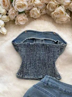 Women's Washed Denim Set with Bustier & Flared Trousers — view 6