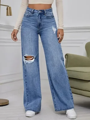 Women's Washed Ripped Wide-Leg Jeans — view 3