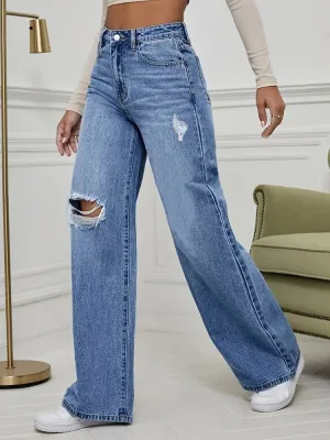 Women's Washed Ripped Wide-Leg Jeans — view 5