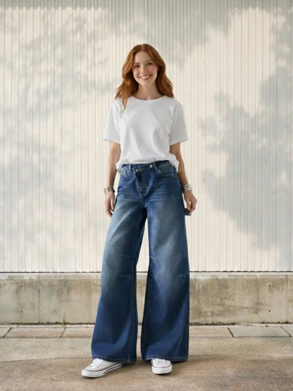 Women's Washed Wide-Leg Jeans, Asymmetric Button