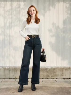 Women's Washed Wide-Leg Jeans, Topstitching — view 1