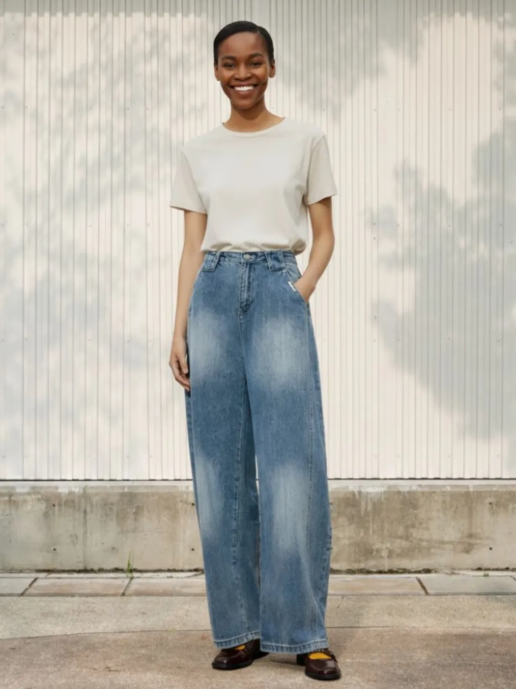 Women's Washed Wide-Leg Jeans, Vintage Style