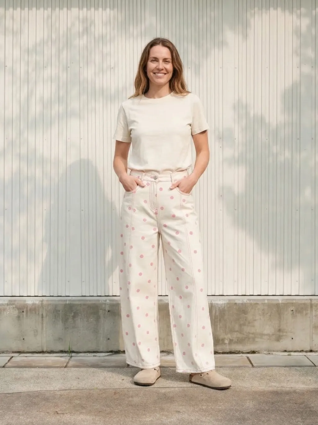 Women's White Barrel Jeans with Pink Polka Dots