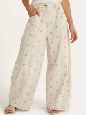 Women's White Barrel Jeans with Pink Polka Dots — view 2