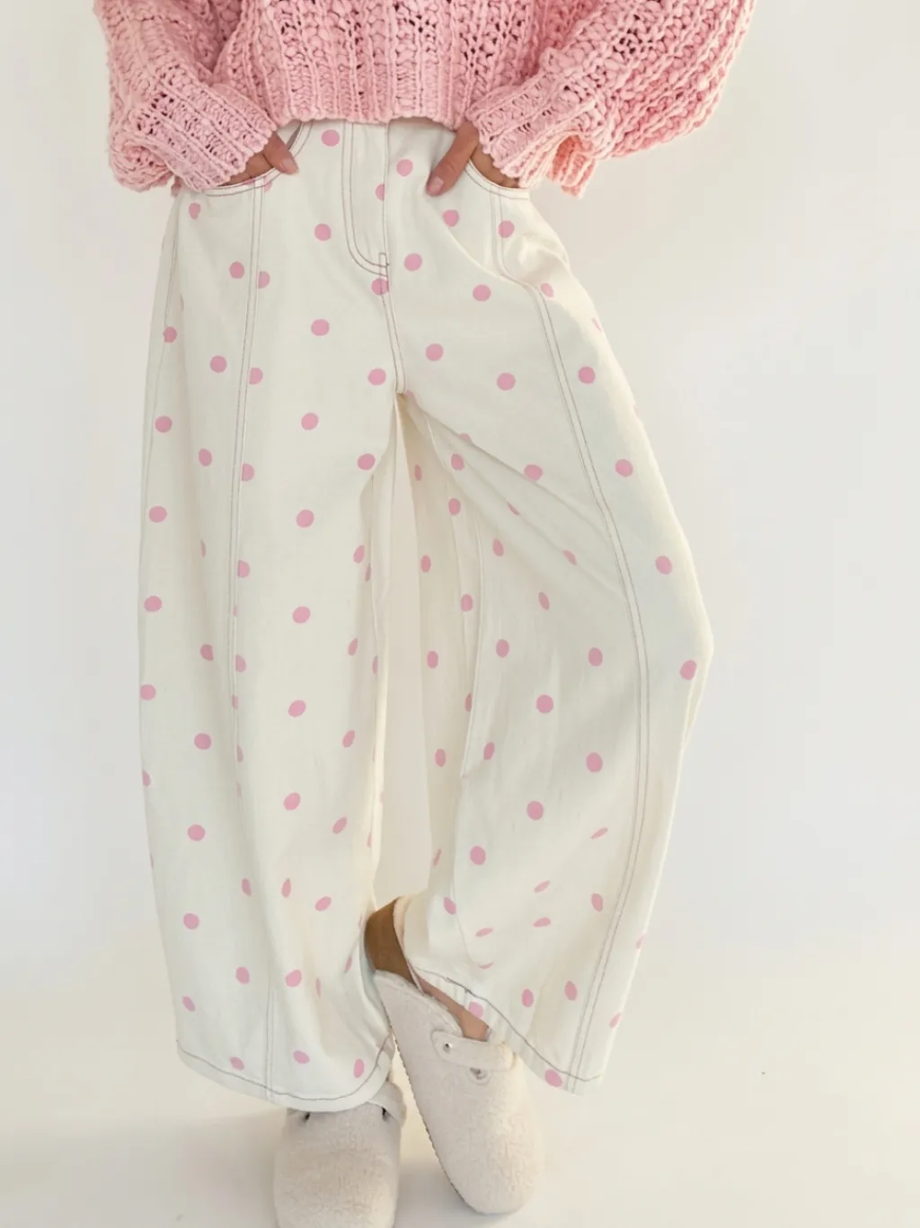 Women's White Barrel Jeans with Pink Polka Dots — quality denim, made to last