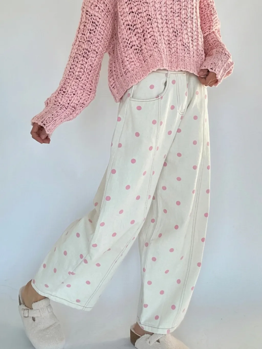Women's White Barrel Jeans with Pink Polka Dots — endless ways to style it