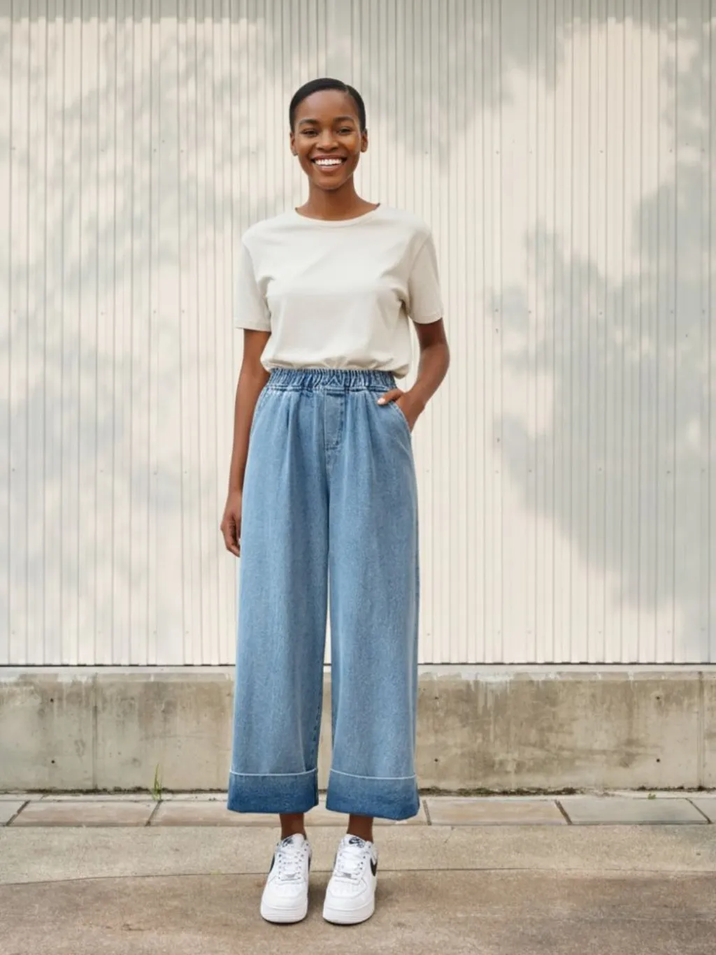 Women's Wide-Leg Jeans, Elastic Waist & Turn-Ups