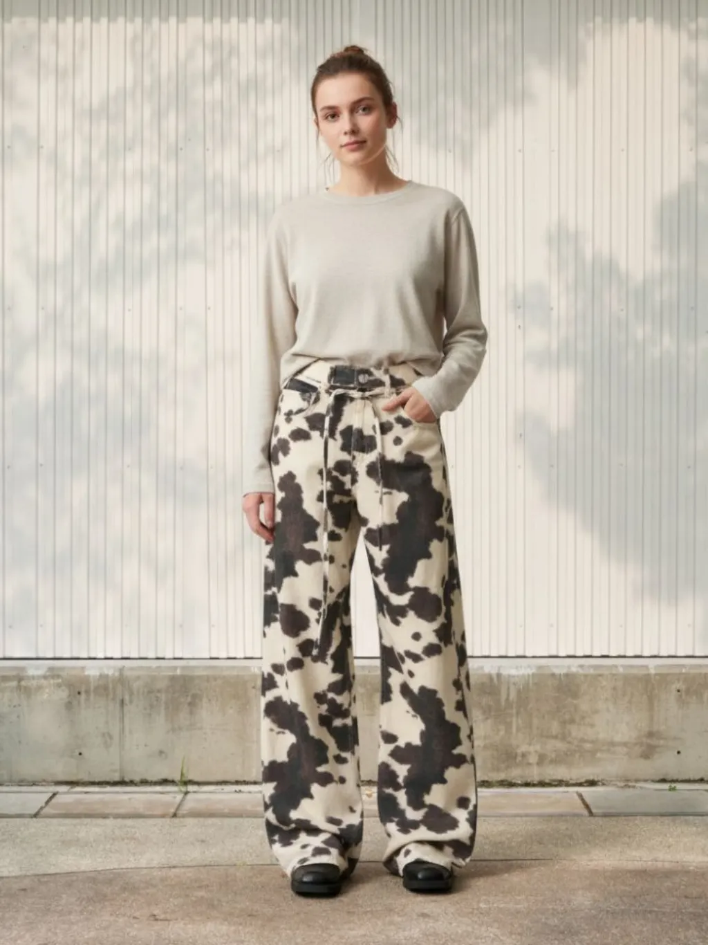 Women's Wide-Leg Vintage Jeans, Cow Print