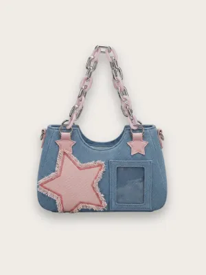 Women's Y2K Denim Shoulder Bag with Pink Star Motif — view 1
