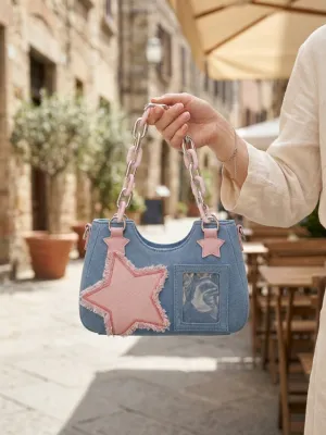 Women's Y2K Denim Shoulder Bag with Pink Star Motif — view 2
