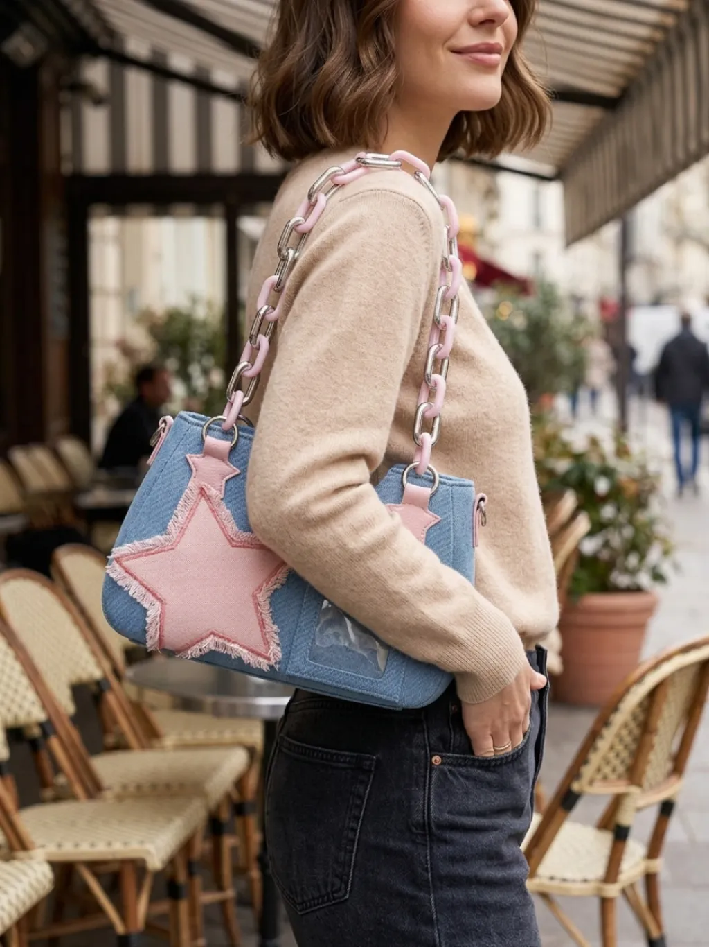 Women's Y2K Denim Shoulder Bag with Pink Star Motif — quality denim, made to last